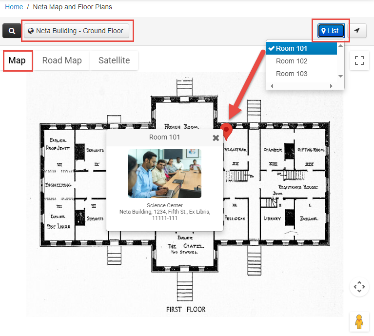 Floor Plan open in the Maps tab of the Web App, with the List dropdown open and one of the positions selected.