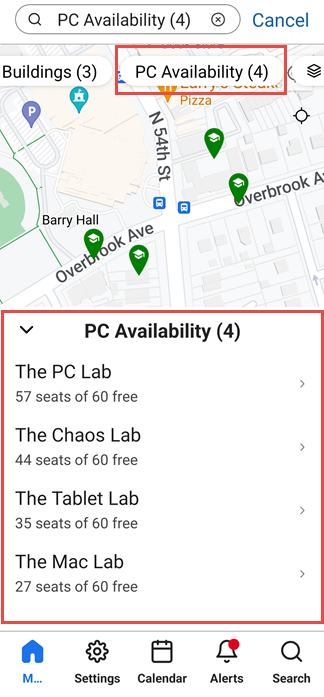 PC Availability button selected on the map with the List of locations and their PC availability shown below the map.