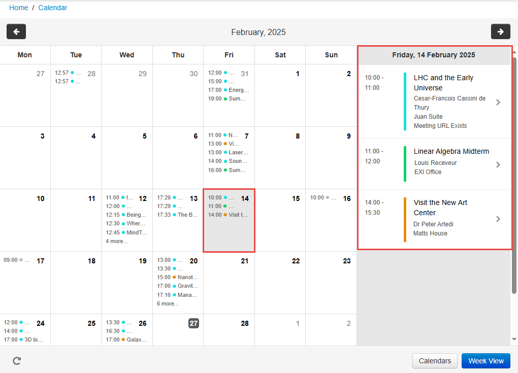 Web calendar in Month view, with a day selected and its details shown in a pane to the right of the calendar grid.