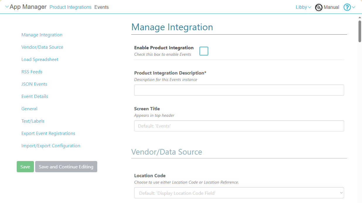 Configuration Page for an Events Product Integration Instance.
