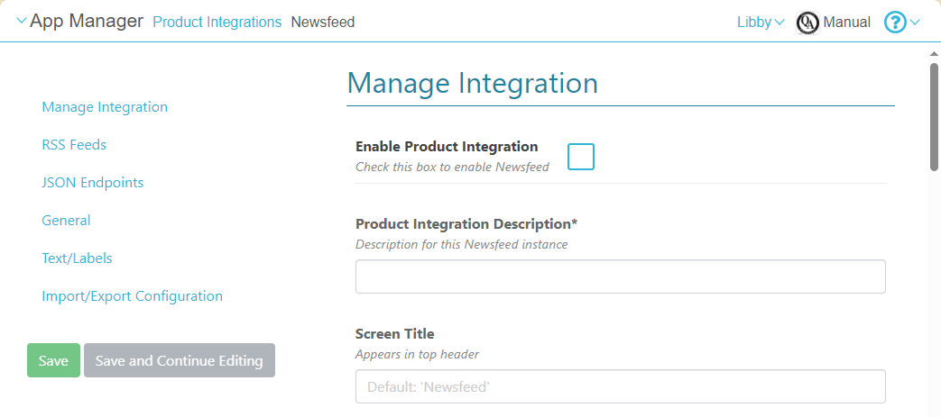 Newsfeed Configuration Settings in the App Manager.
