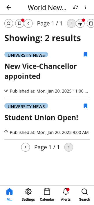 Newsfeed Favorites Filter activated on an Android device, so that only favorites are shown in the list of items.