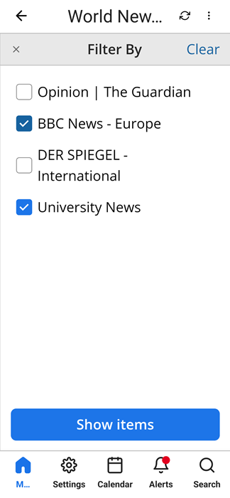 Newsfeed Filter Page on an Android Device.