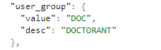 Screenshot of a JSON blob showing the fields of a user_group object.