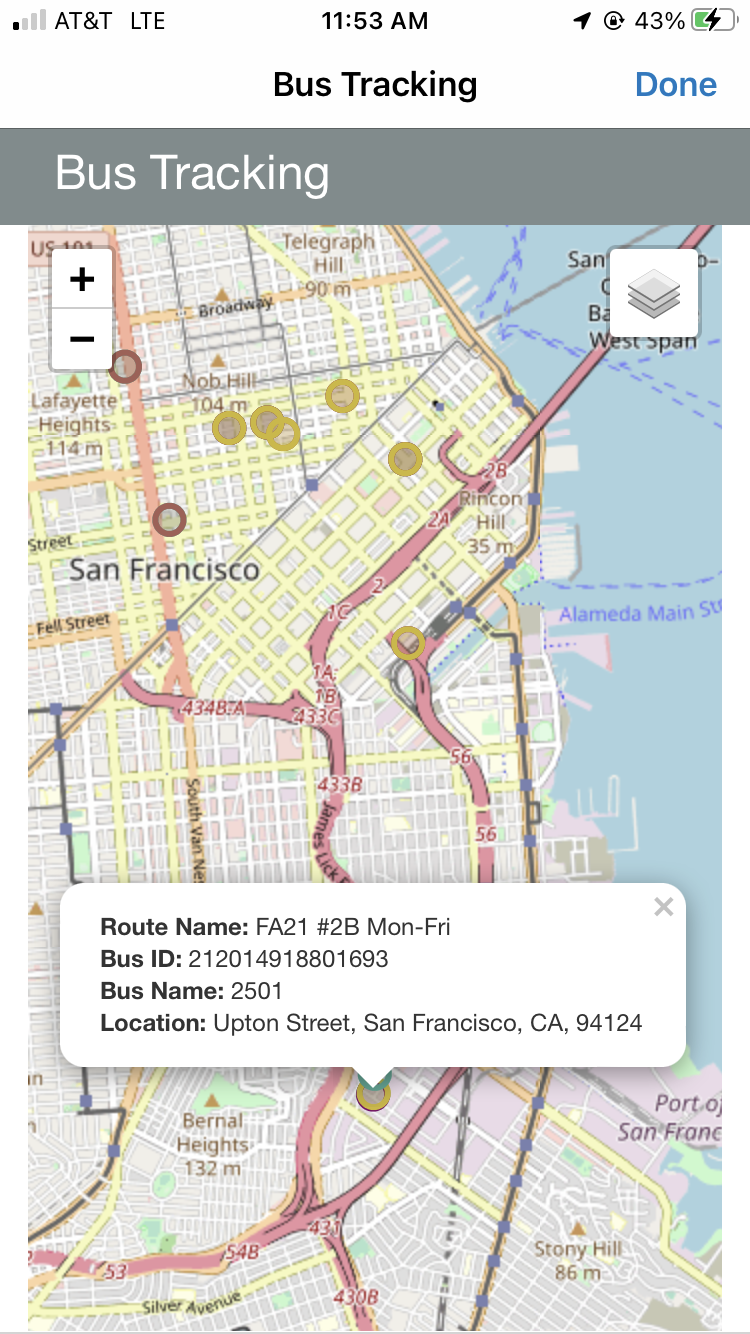 An example of a mobile view of bus stops with details.