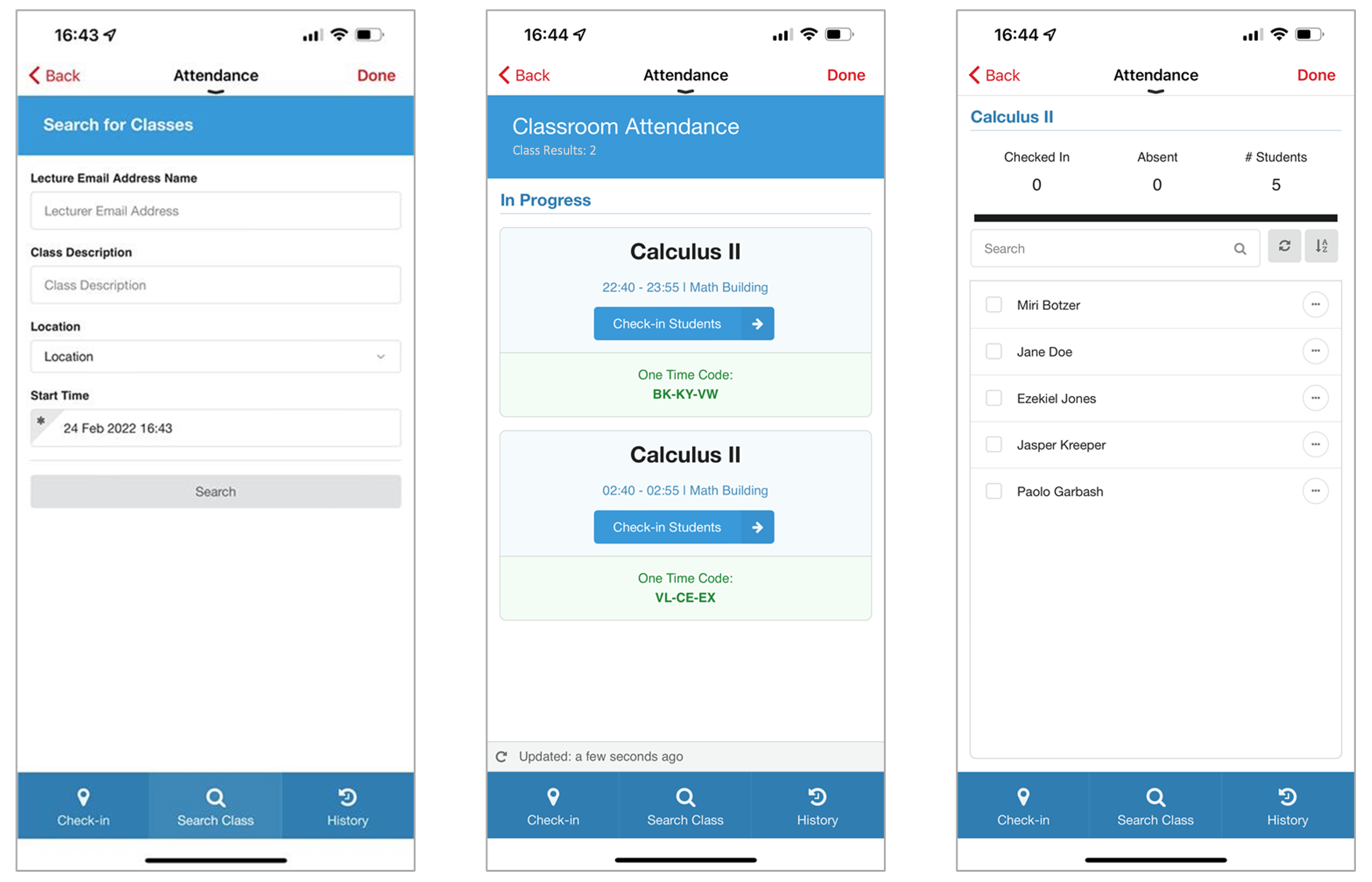 Mobile view examples of the Attendance app.