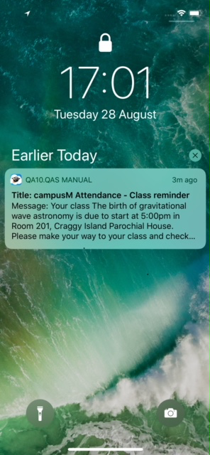 An attendance reminder on a student's cellphone.