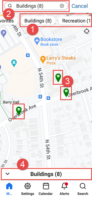 Location category selected above the map, with the positions assigned to the location category that appear in the map marked.