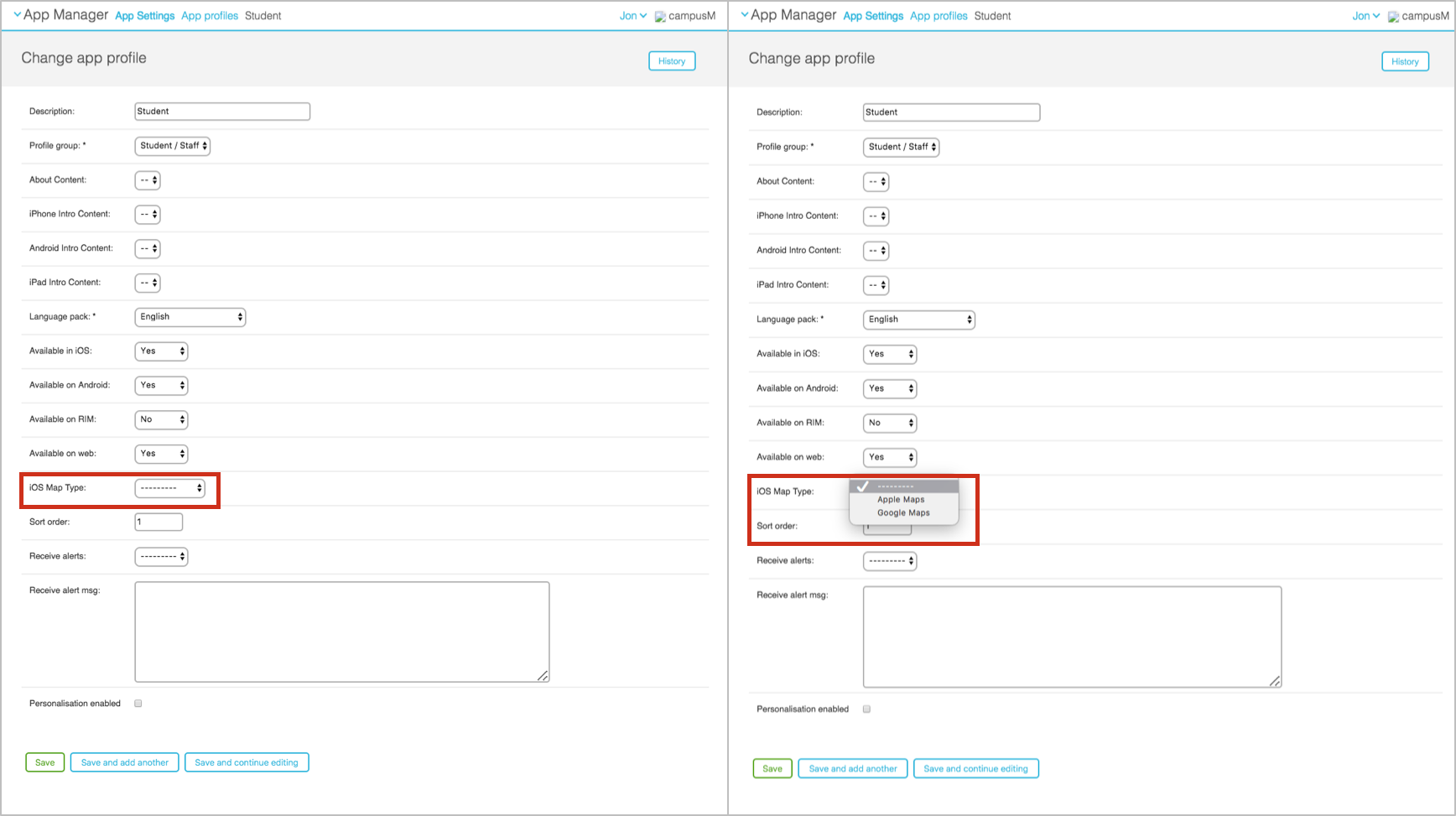 Google or App Map Selection within App Manager