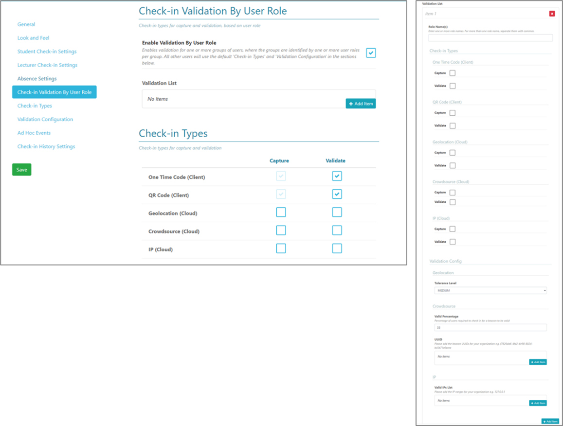 The configuration of validation type by role.