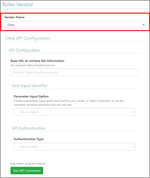 The OKTA roles vendor configuration.