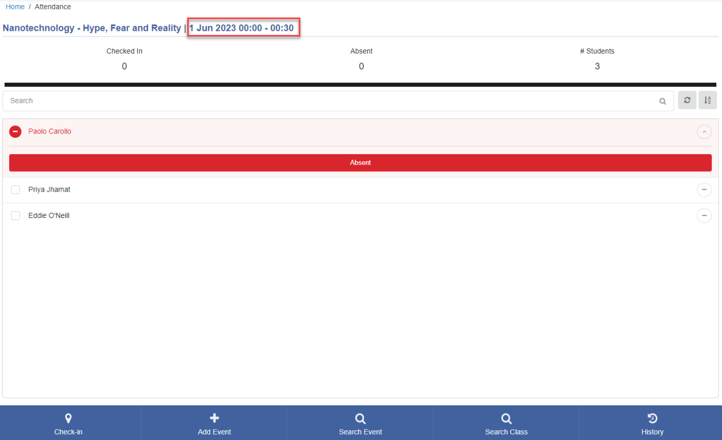 Altenative lecturer check in screen.