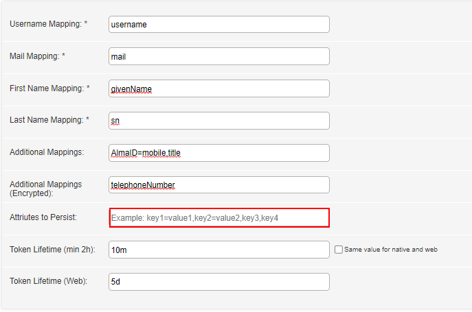 The integration profile Attributes to Persist field.