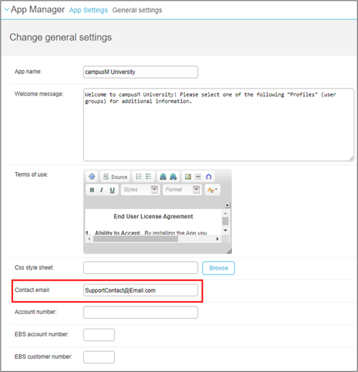 The Contact email field on the App Settings.