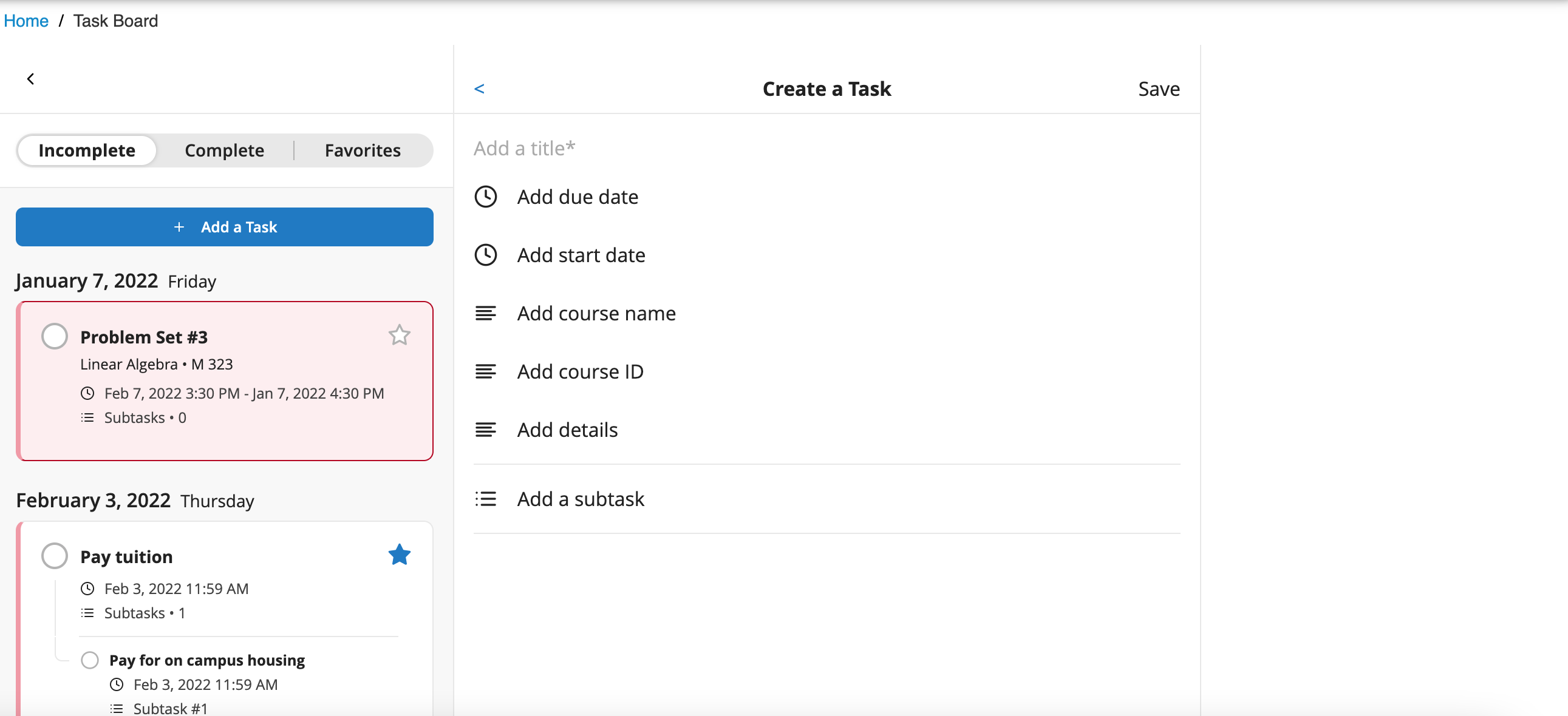 The option for a user to create a task.