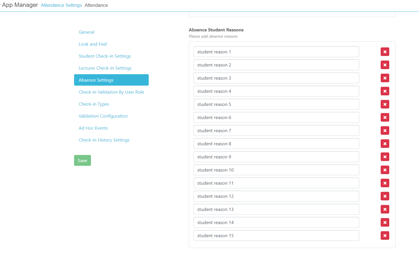 The Student Absence Reasons configuration.