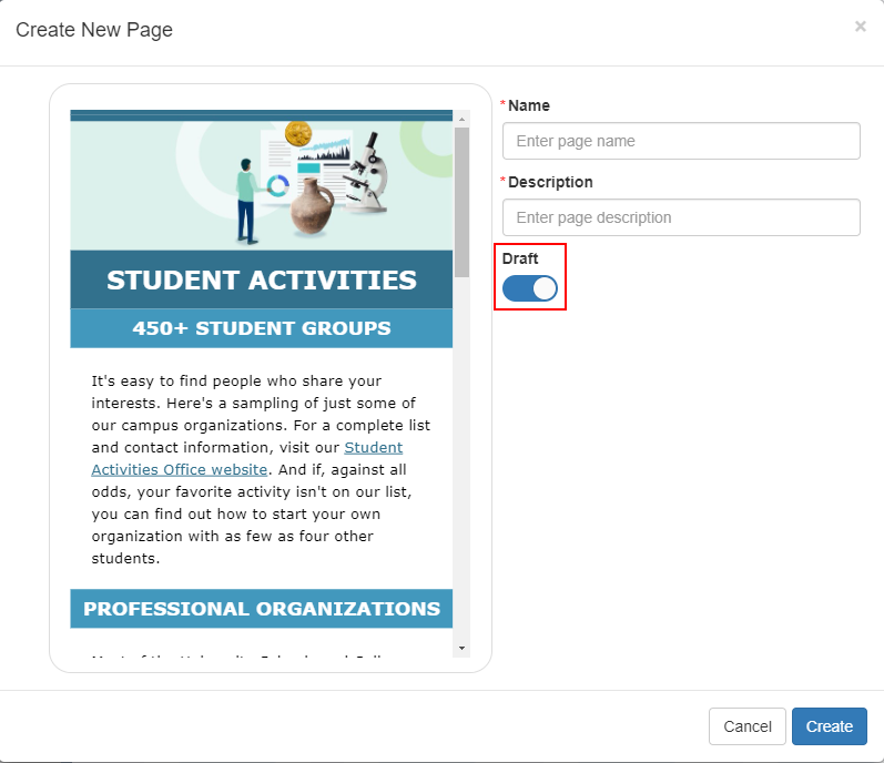 The option to create a new page as a draft.