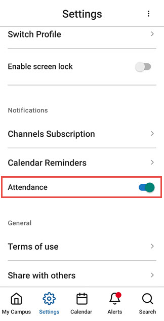 Attendance Notification switch in the App settings.