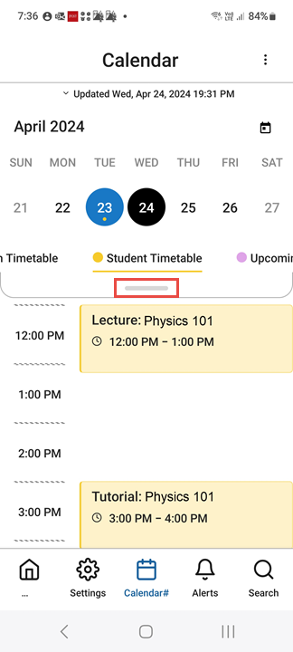 Calendar in Week view, showing the bar below the dates that can be dragged down to open month view.