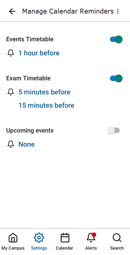 Notification settings for each type of timetable.