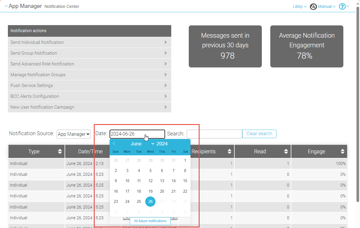 The Notification Center with the new Date Selector open.