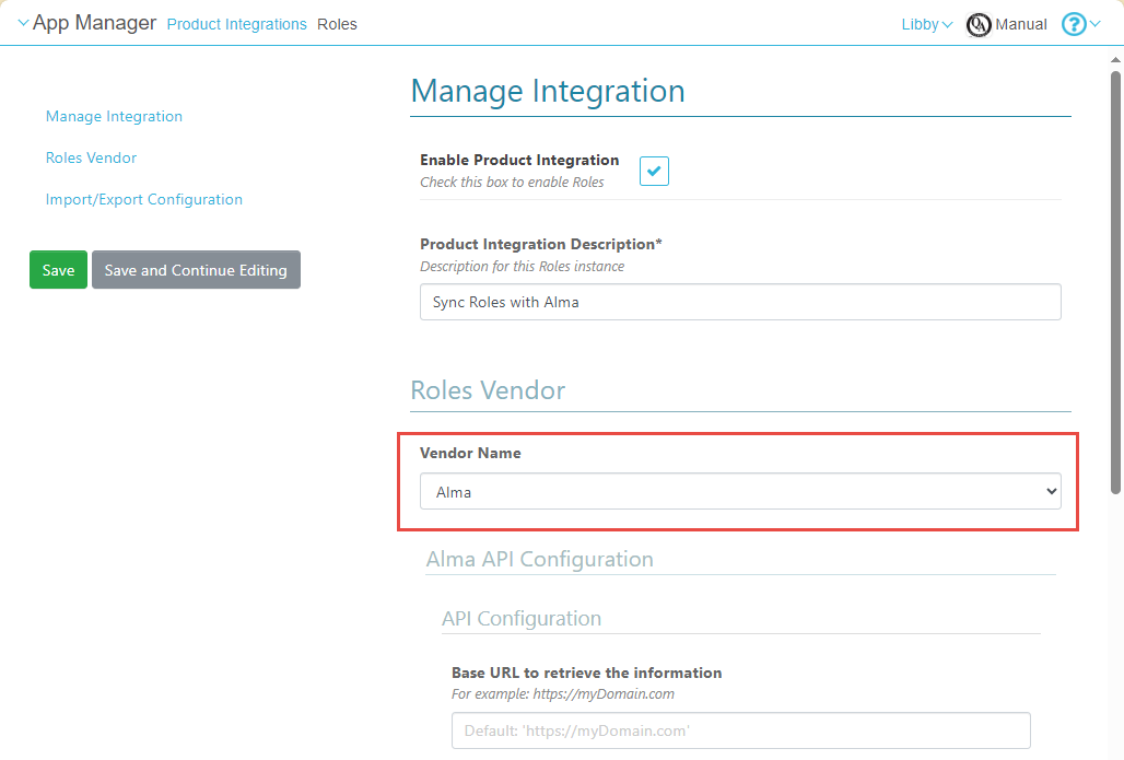Configuring a Roles Product Integration with Alma.