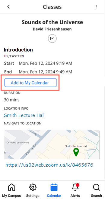 Add to My Calendar button in the Details page of a class.