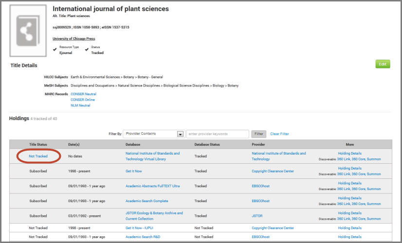 title details page - title status for subscribed database