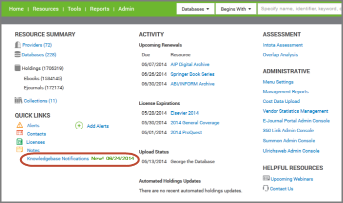 Knowledgebase notifications link