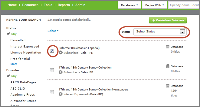 Change database status