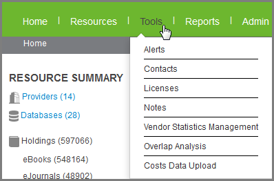 Tools Menu (Home Page)