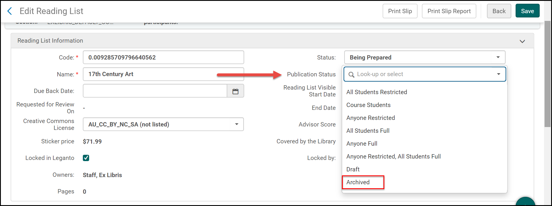 Setting the publication status to archived.