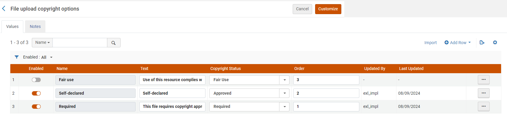 The option to order the File Upload Copyright Options order.