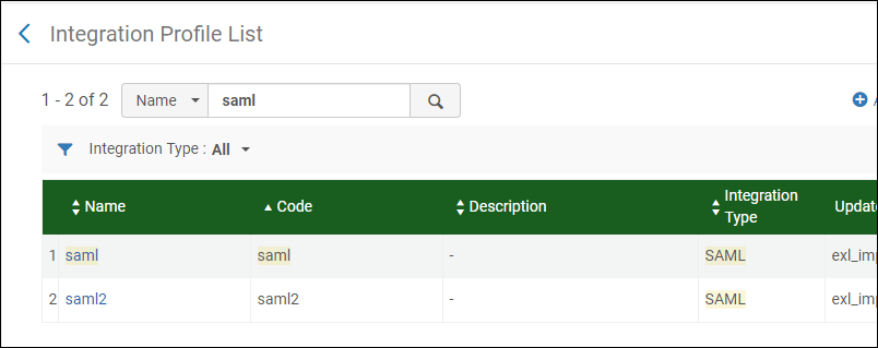 The Integration Profiles saml configuration pane.