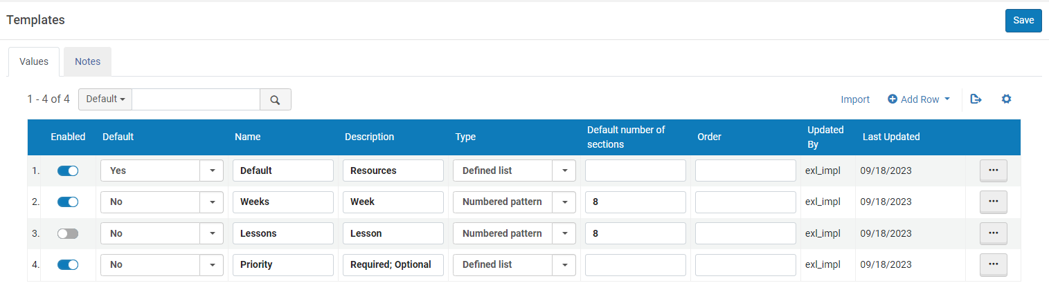 Section templates configuration.