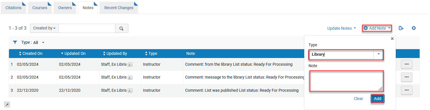 The option to add note for the librarian or instructor.
