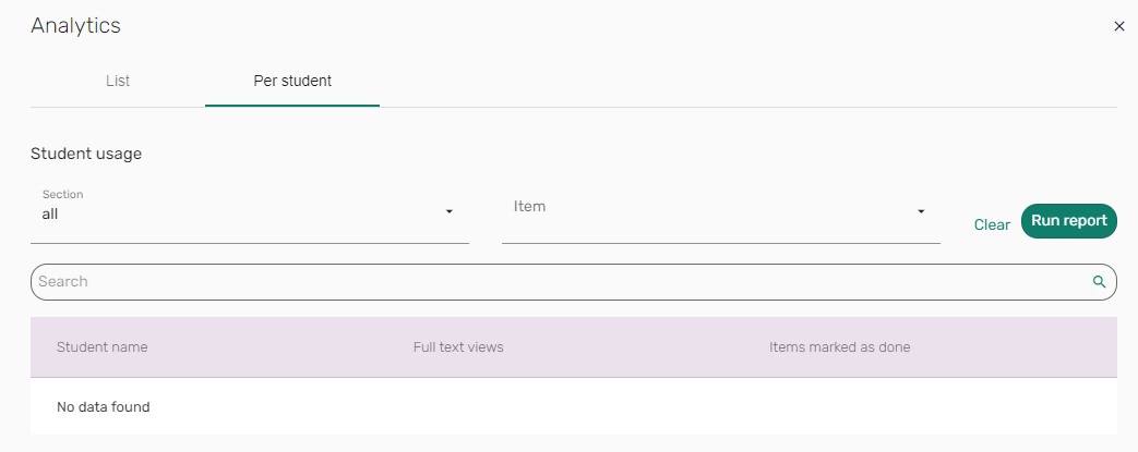 The View Lists Analysis Usage per Student report.
