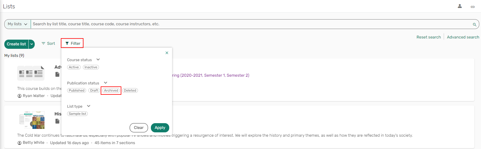 Instructors can view and access archived reading lists by selecting the filter icon and selecting Archived.