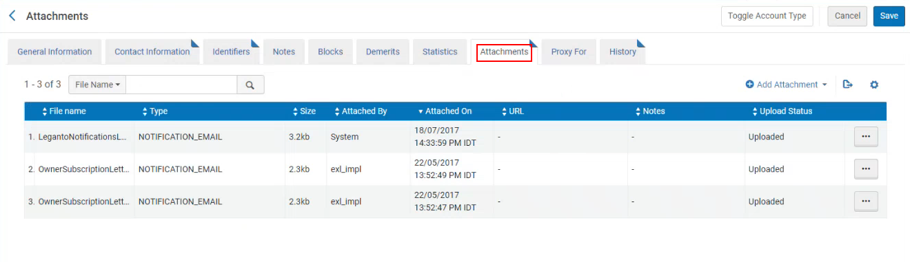 List of letters sent to a user in the Attachments tab.