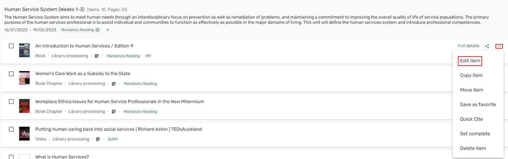 The citation edit item option.