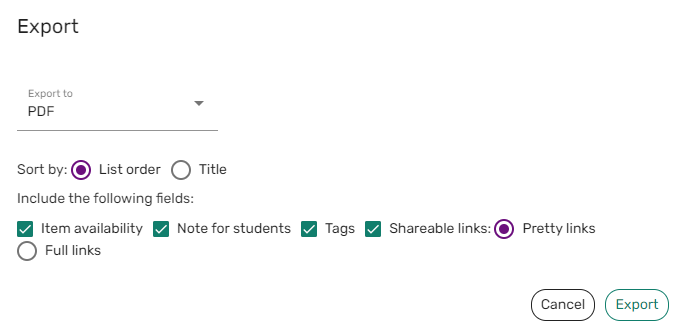 The options for exporting all items or filtered items.
