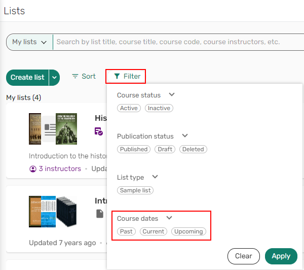 The option to filter lists by course dates.