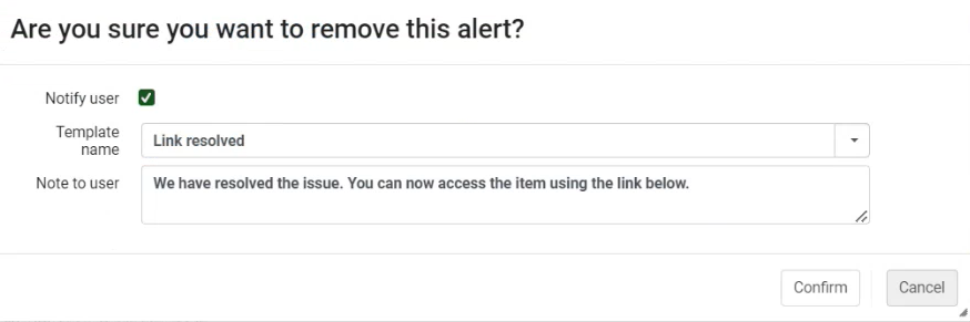 Alert for notifying the user that the broken link is resolved.