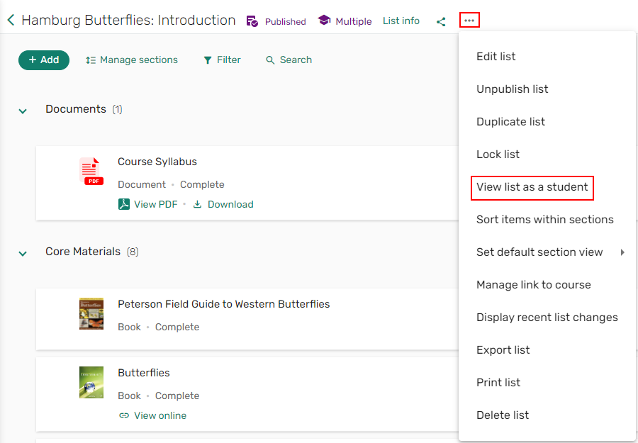 The option to enable the student view in Leganto.