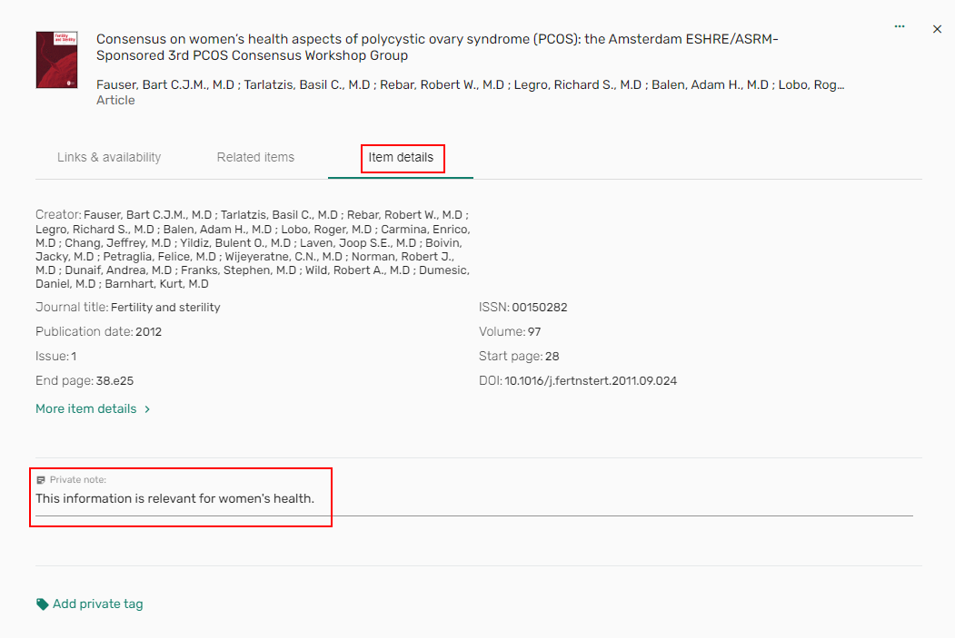 The private note on the full details pane.