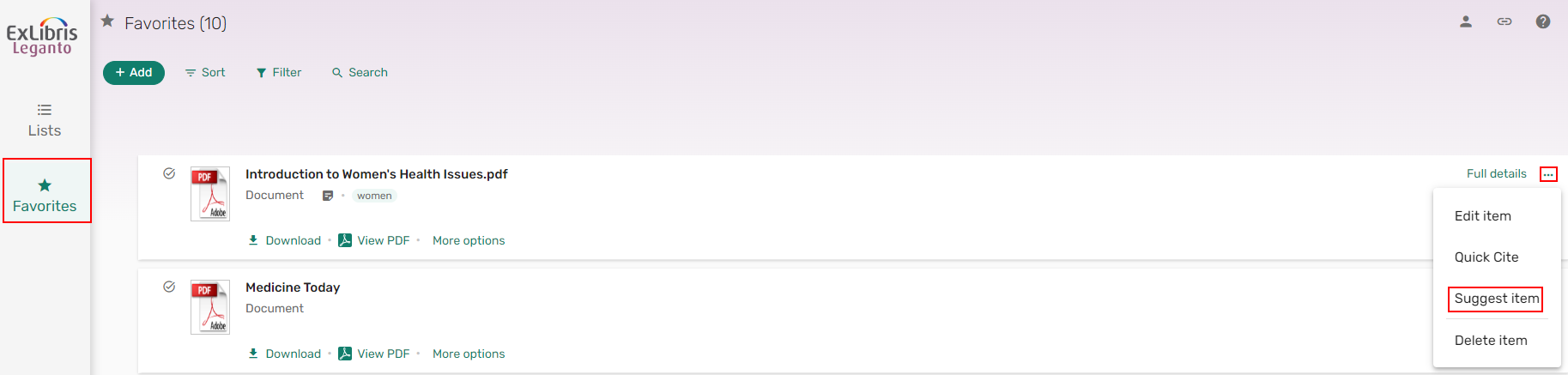 The option to suggest an item from your favorites to a list.
