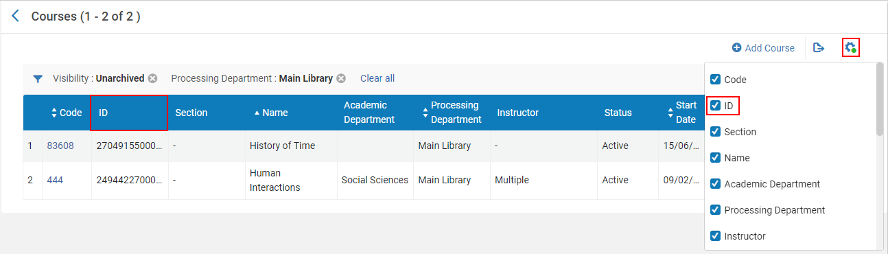 The course ID column.