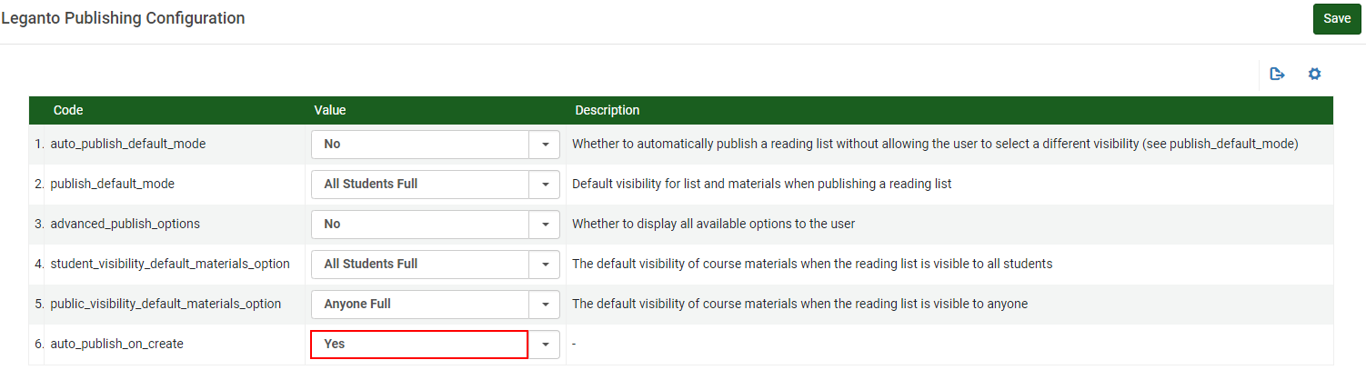 The Leganto Publishing Configuration options.