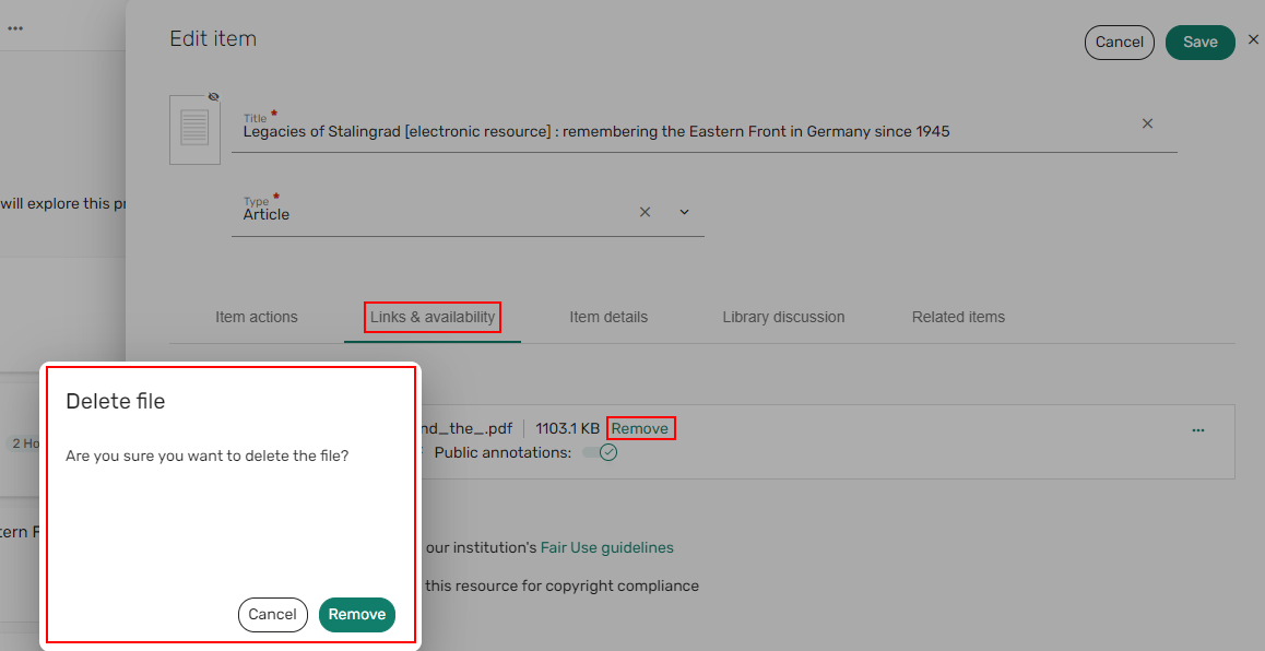 The delete file confirmation message.