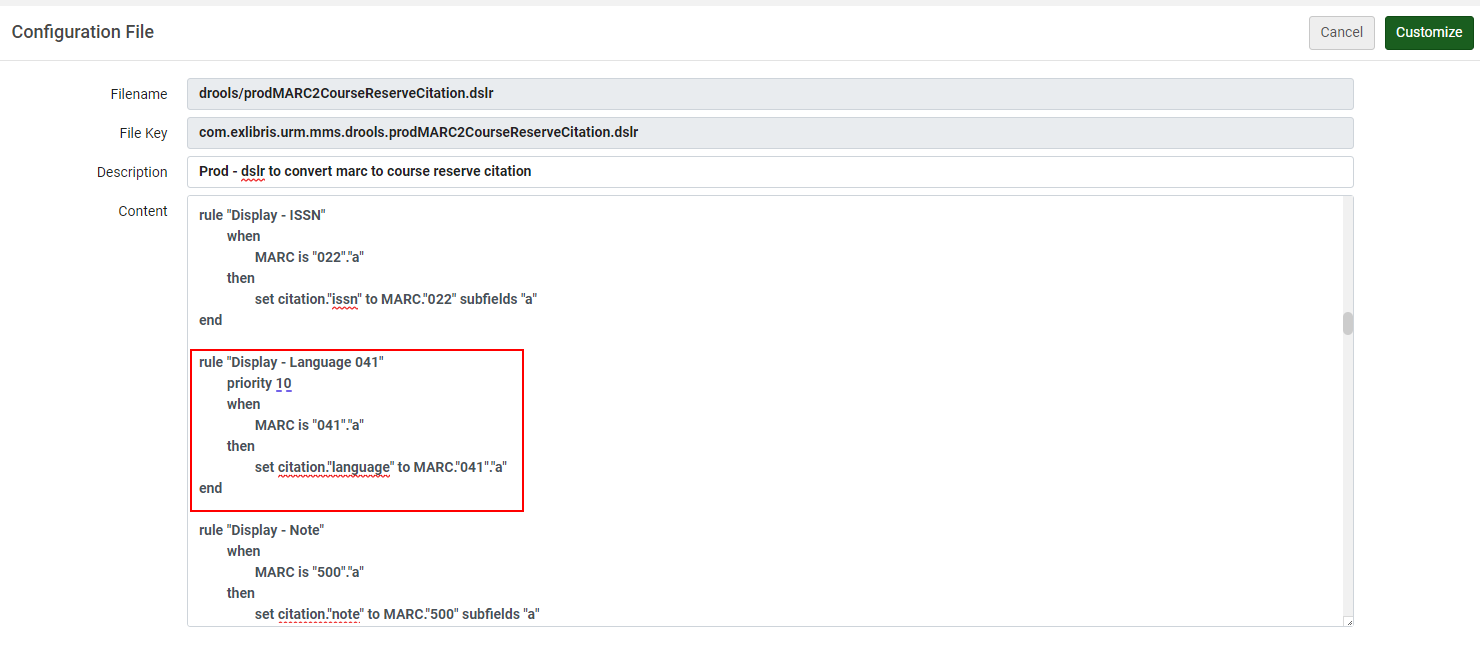 The MARC language drools configuration.